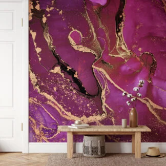 Fuchsia Pink Purple And Gold Alcohol Ink Art Marble Wallpaper, Majestic Plum & Gold Peel & Stick Wall Mural