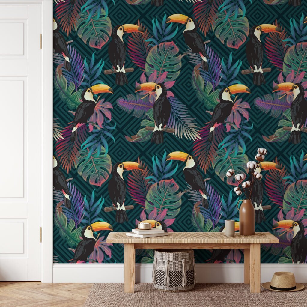 Tropical Illustration With Monstera Leaves And Toucans Wallpaper, Exotic Lush Tropical Peel & Stick Wall Mural