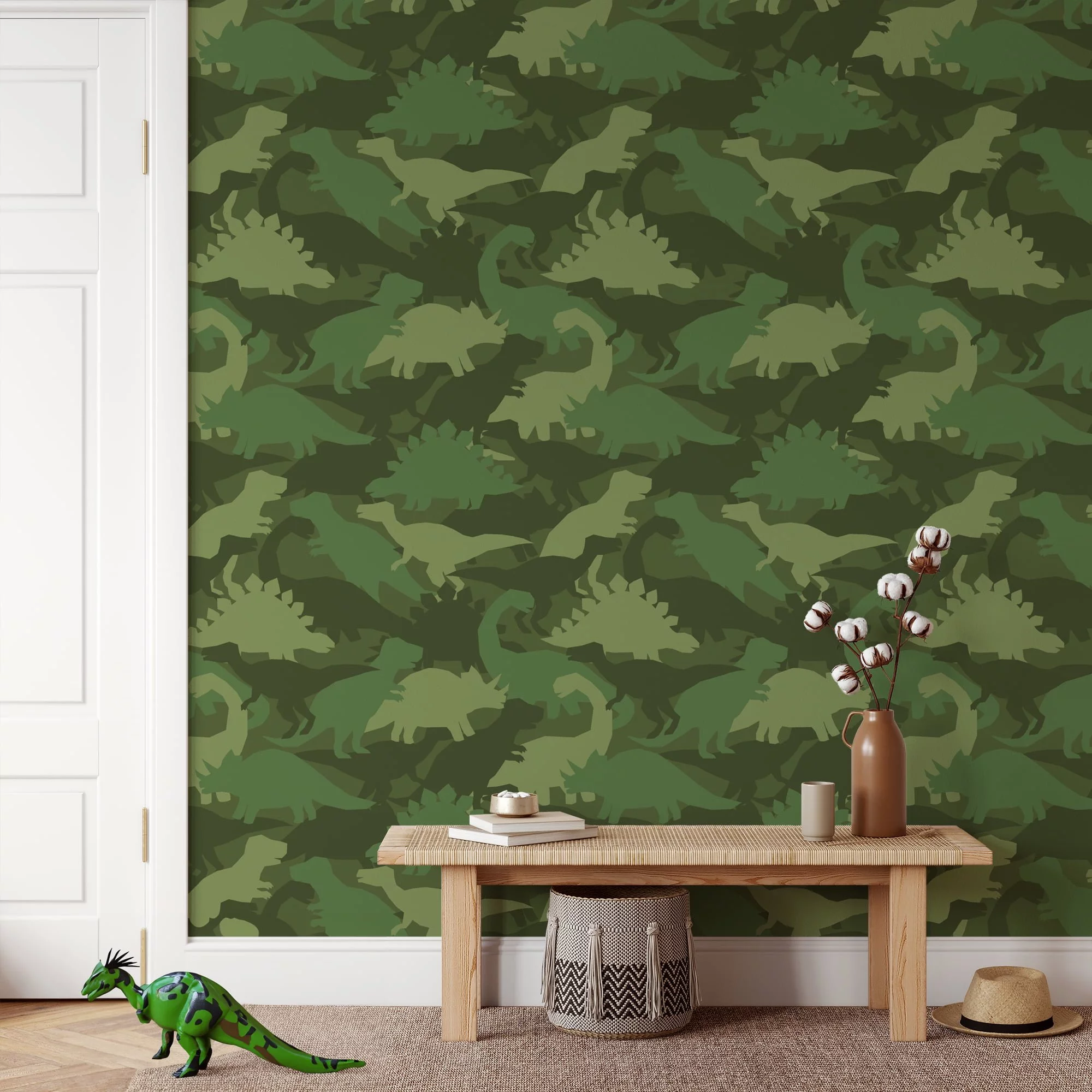 Green Camouflage Dinosaur Silhouette Illustration Wallpaper, Playful Kids Adventure Peel & Stick Wall Mural