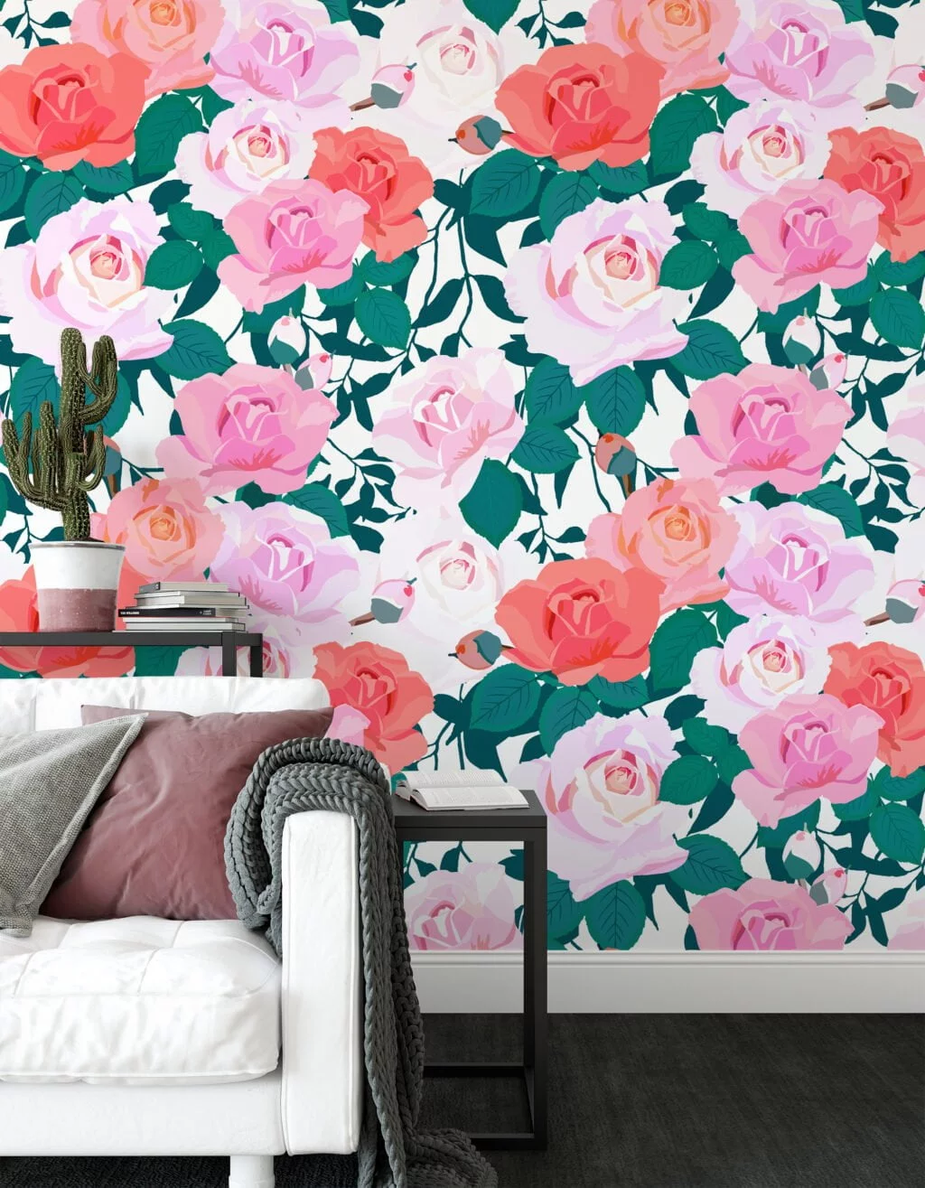 Floral Roses Flat Art Illustration Wallpaper, Romantic Rose Garden Peel & Stick Wall Mural