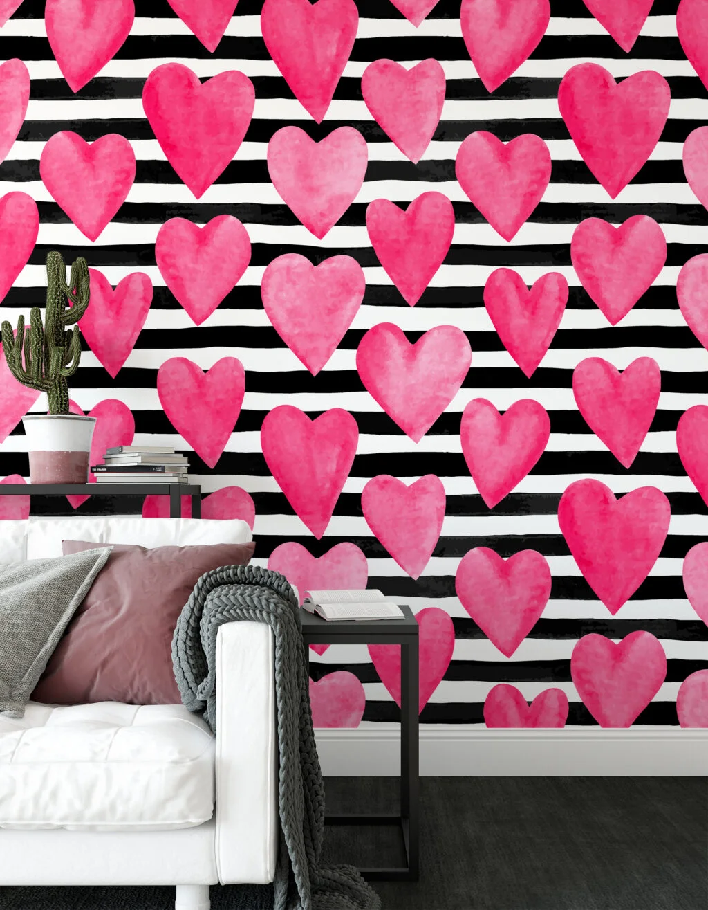 Watercolor Style Pink Hearts With Striped Background Wallpaper, Love Stripes Peel & Stick Wall Mural