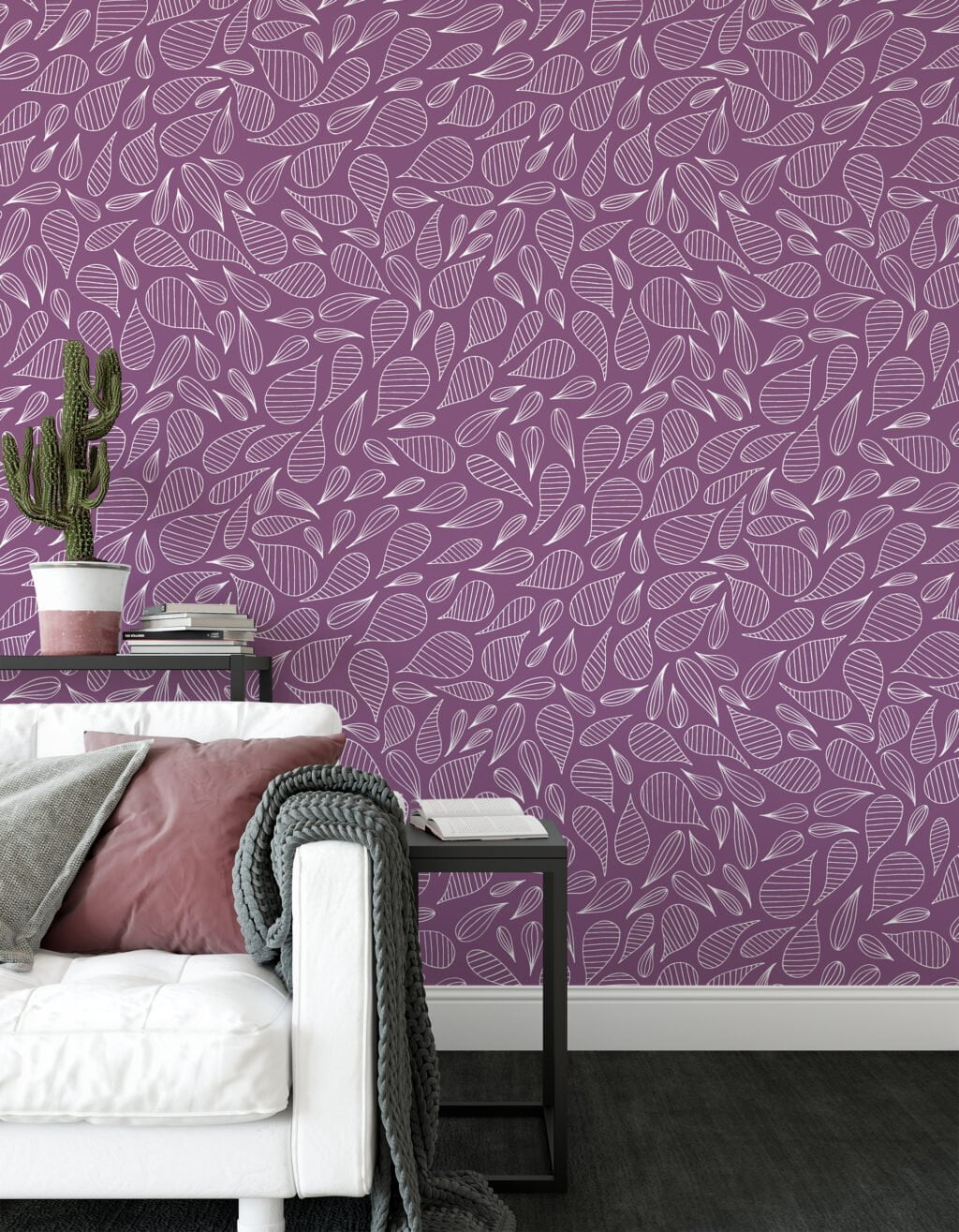 White outlined Abstract Leaves With A Purple Background Wallpaper, Whimsy Leaf Pattern Peel & Stick Wall Mural