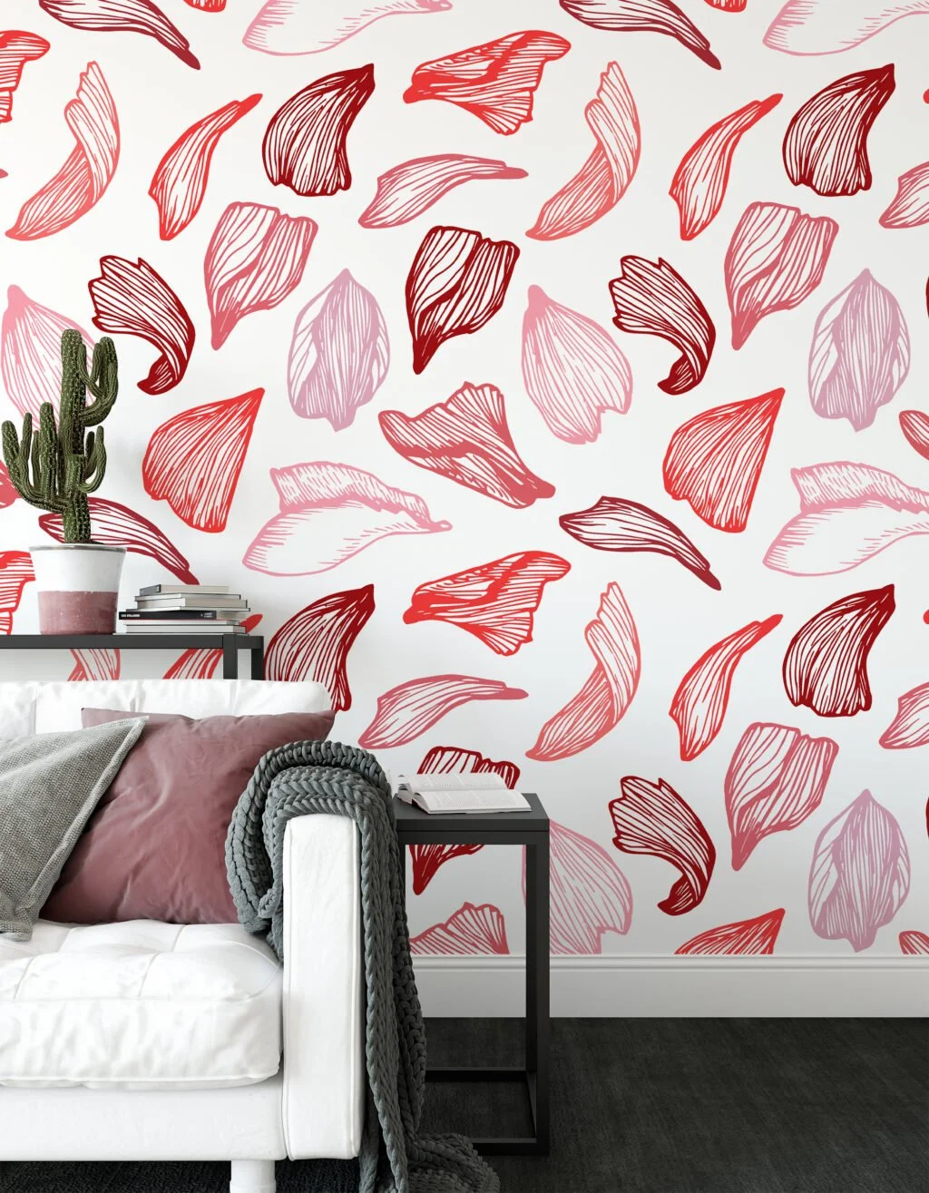 Abstract Red Line Art Wallpaper Pattern, Romantic Pink and Red Peel & Stick Wall Mural