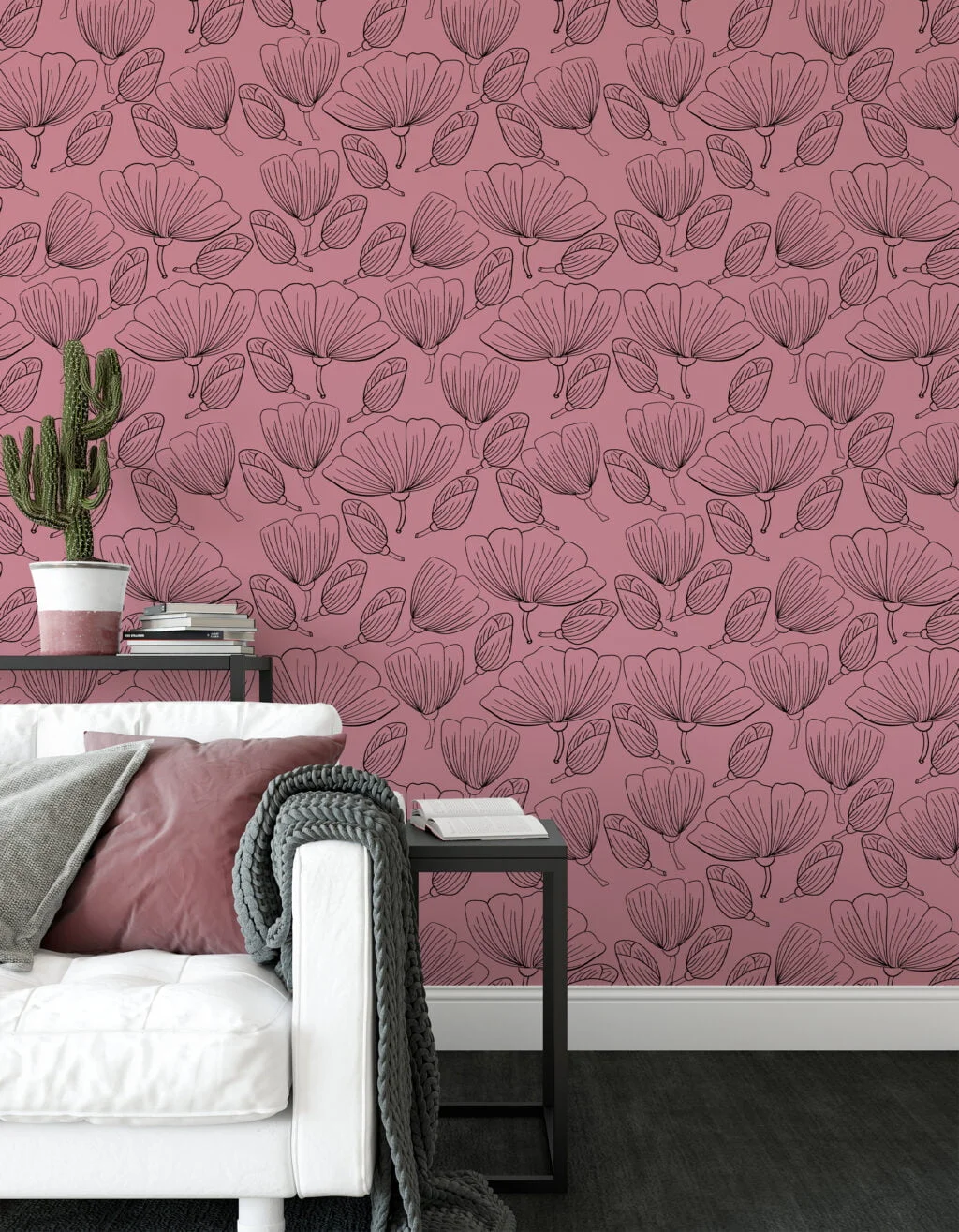 Floral Line Art With A Pink Background Illustration Wallpaper, Elegant Floral Design Peel & Stick Wall Mural