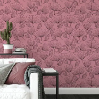 Floral Line Art With A Pink Background Illustration Wallpaper, Elegant Floral Design Peel & Stick Wall Mural