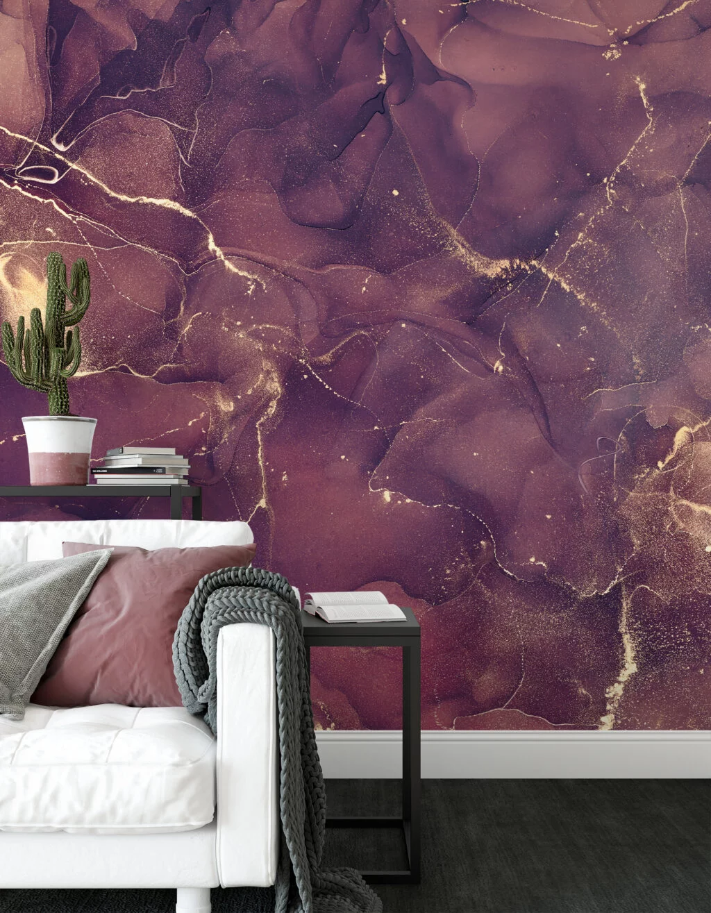 Shades of Purple And Gold Marble Ink Art Wallpaper, Abstract Gold Vein Peel & Stick Wall Mural