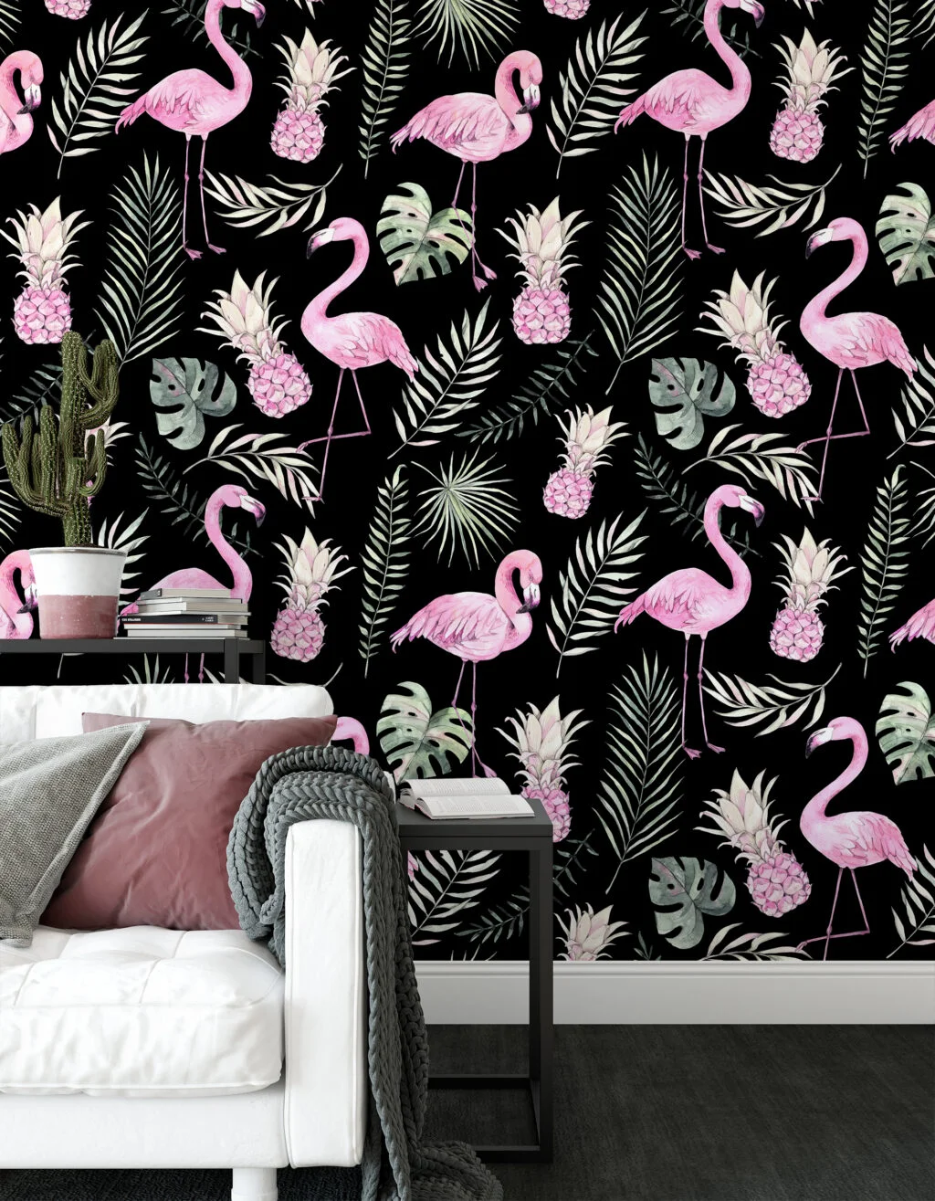 Watercolor Effect Pink Flamingos With Tropical Leaves Wallpaper, Elegant Tropical Peel & Stick Wall Mural