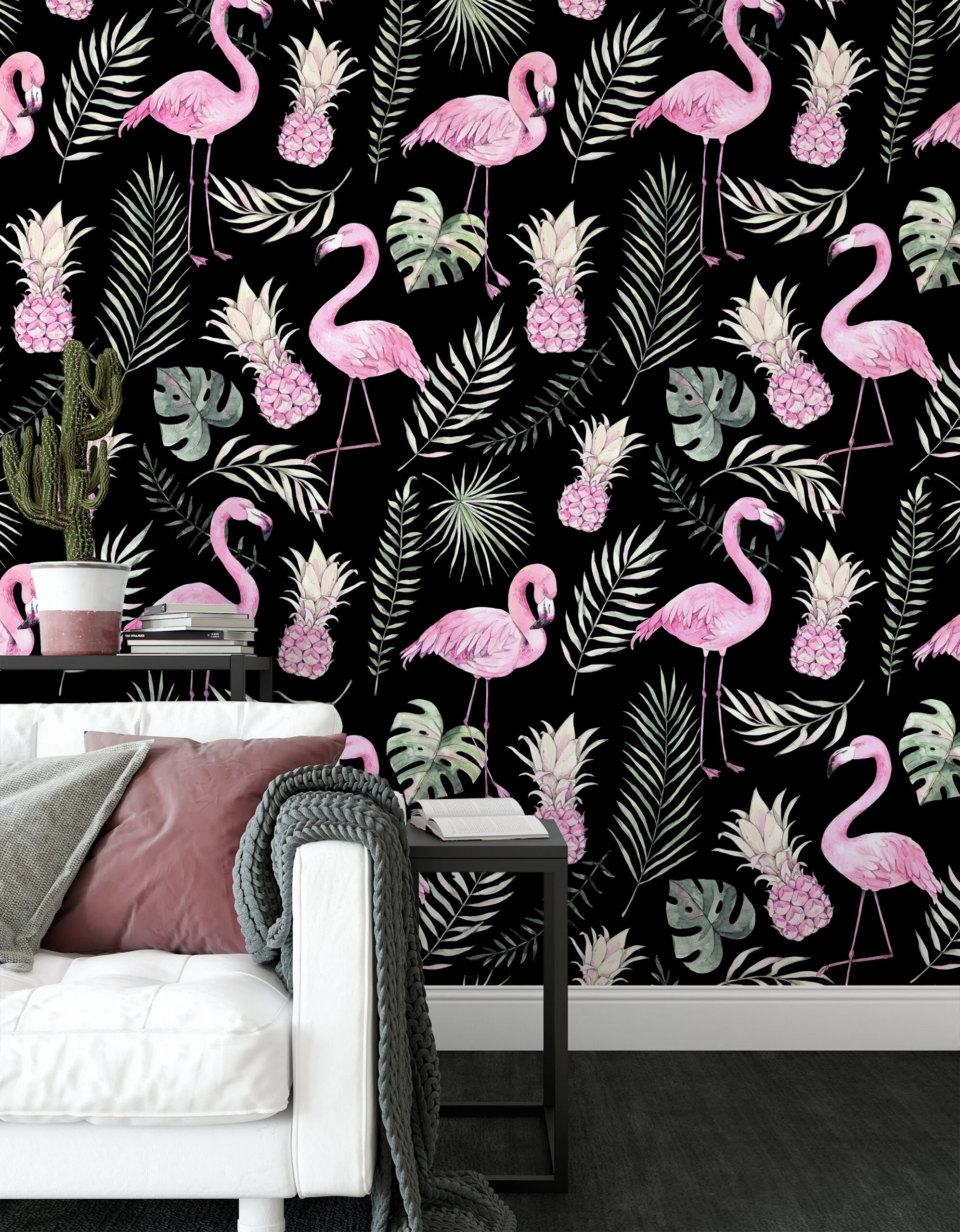 Watercolor Effect Pink Flamingos With Tropical Leaves Wallpaper, Elegant Tropical Peel & Stick Wall Mural
