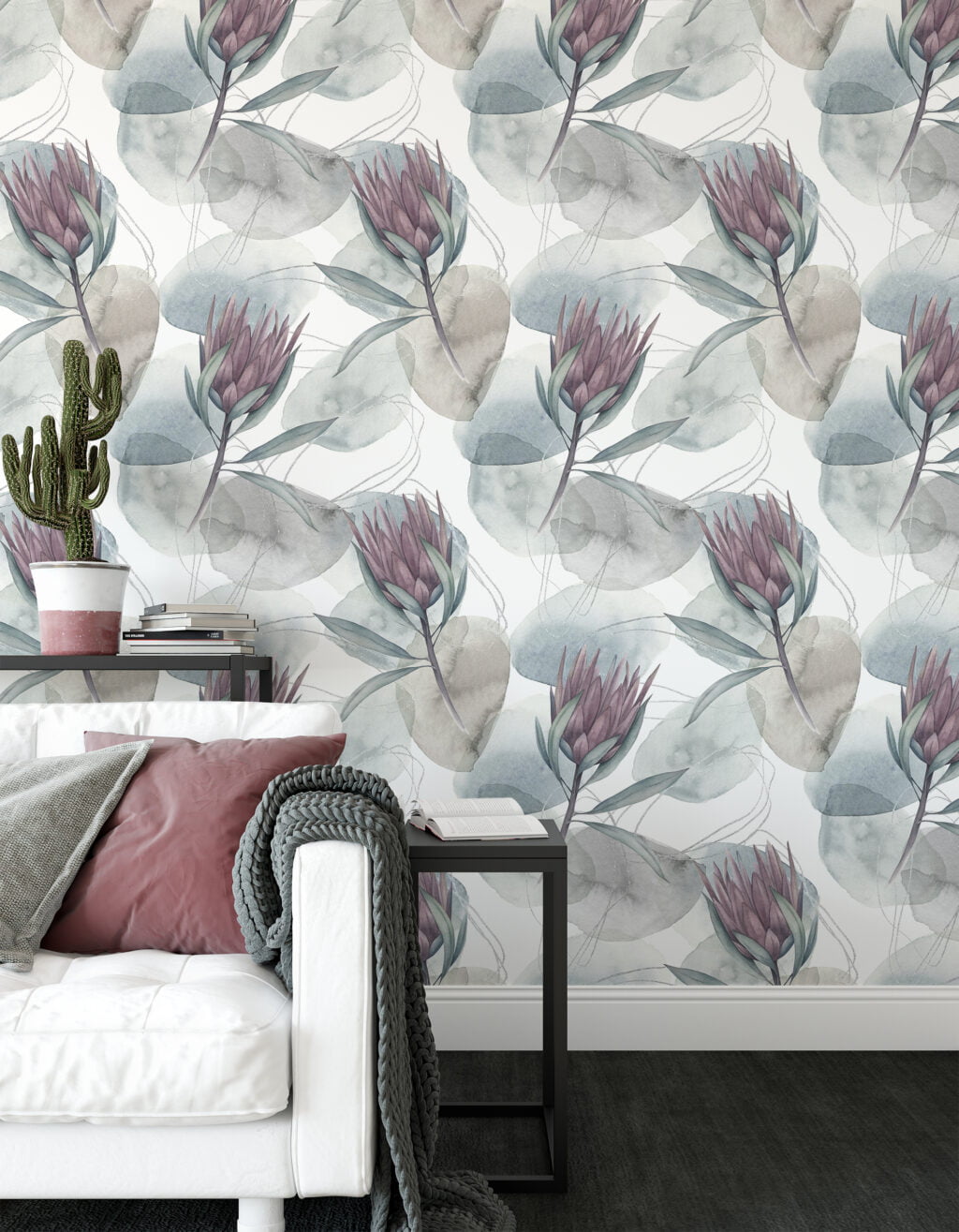 Vintage Floral Watercolor Style Illustration Wallpaper, Serene Protea Blossoms Peel & Stick Wall Mural