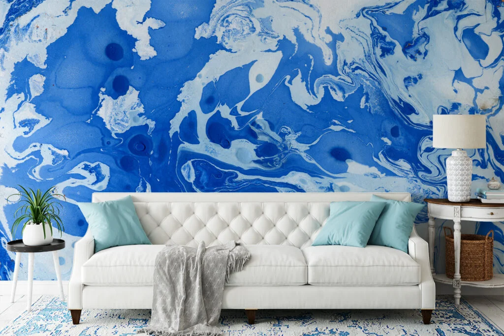 Blue Swirly Ink Art Illustration Wallpaper, Artistic Wave Design Peel & Stick Wall Mural