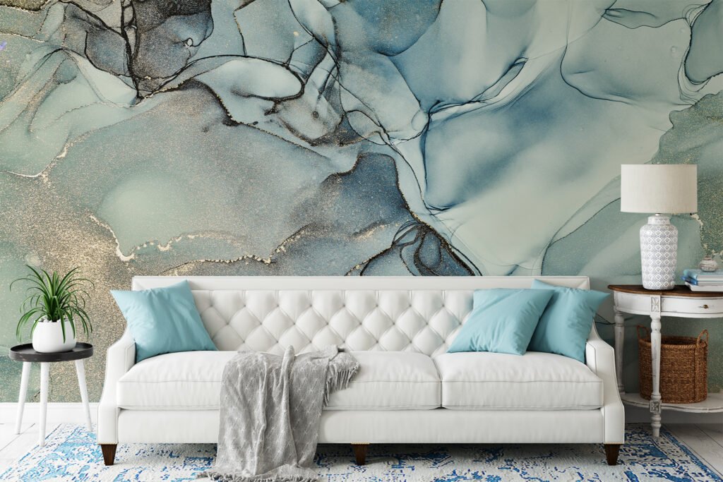 Mixed Mint Green And Light Blue Alcohol Ink Art Marble Wallpaper, Cool Waves Marble Peel & Stick Wall Mural