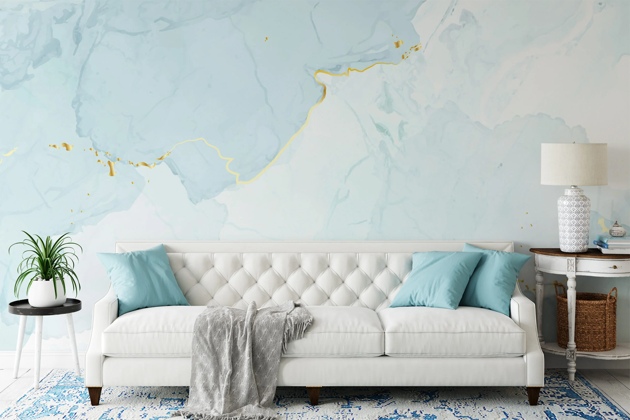 Light Blue Marble Wallpaper, Elegant Icy Blue Marble Peel & Stick Wall Mural