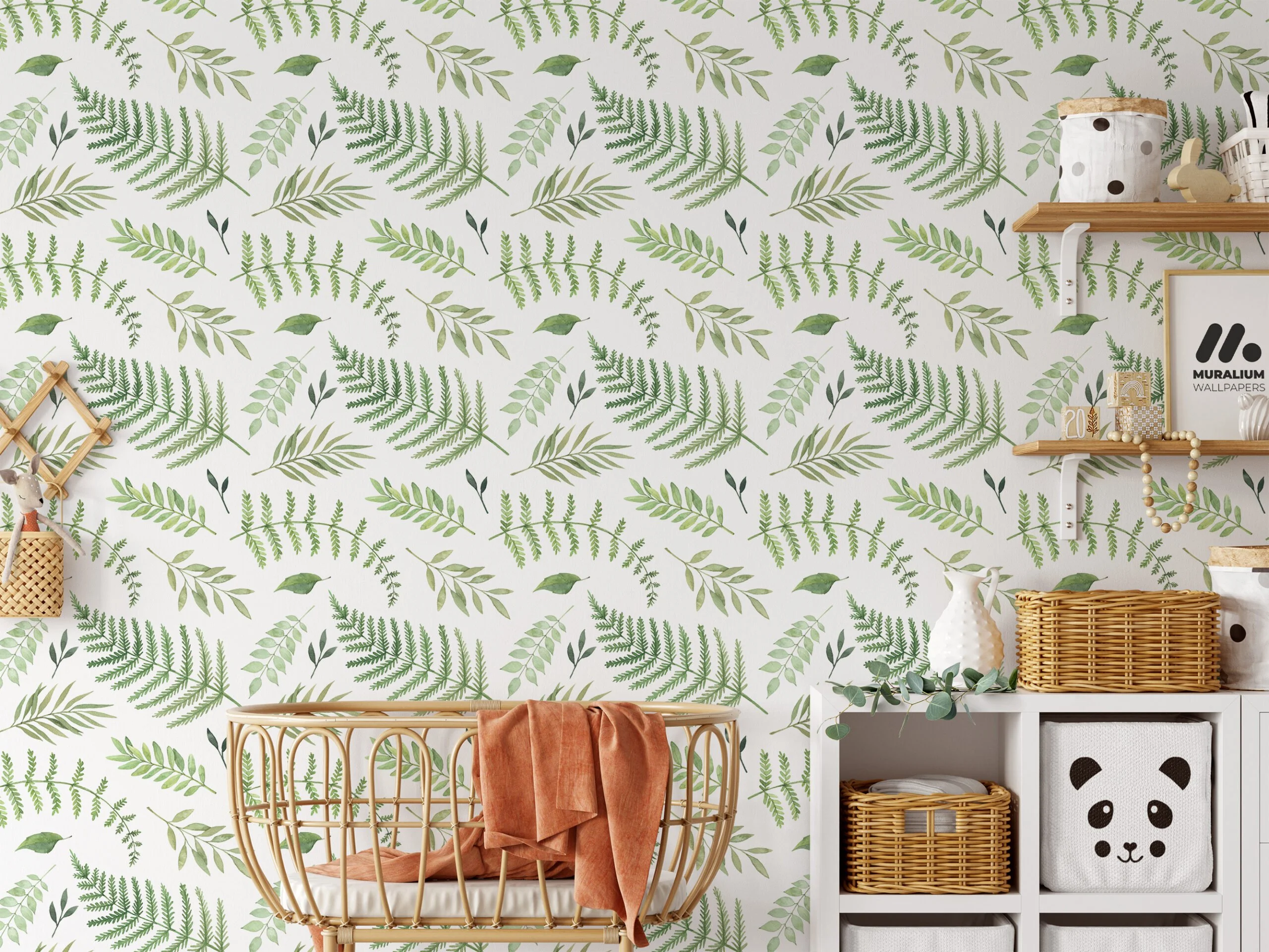Watercolor Green Leaves And Branches Pattern Wallpaper, Refreshing Botanical Peel & Stick Wall Mural