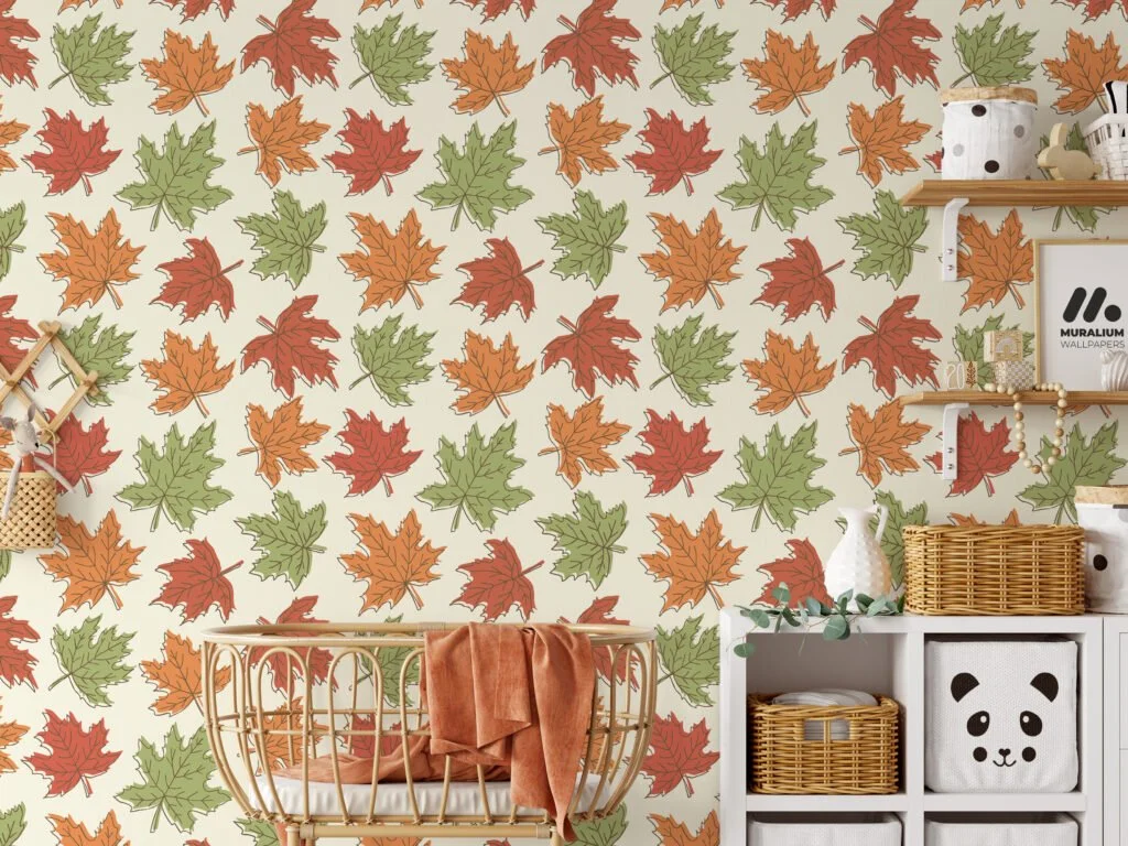 Fall Leaves Illustration Wallpaper, Vintage Autumn Leaf Pattern Peel & Stick Wall Mural