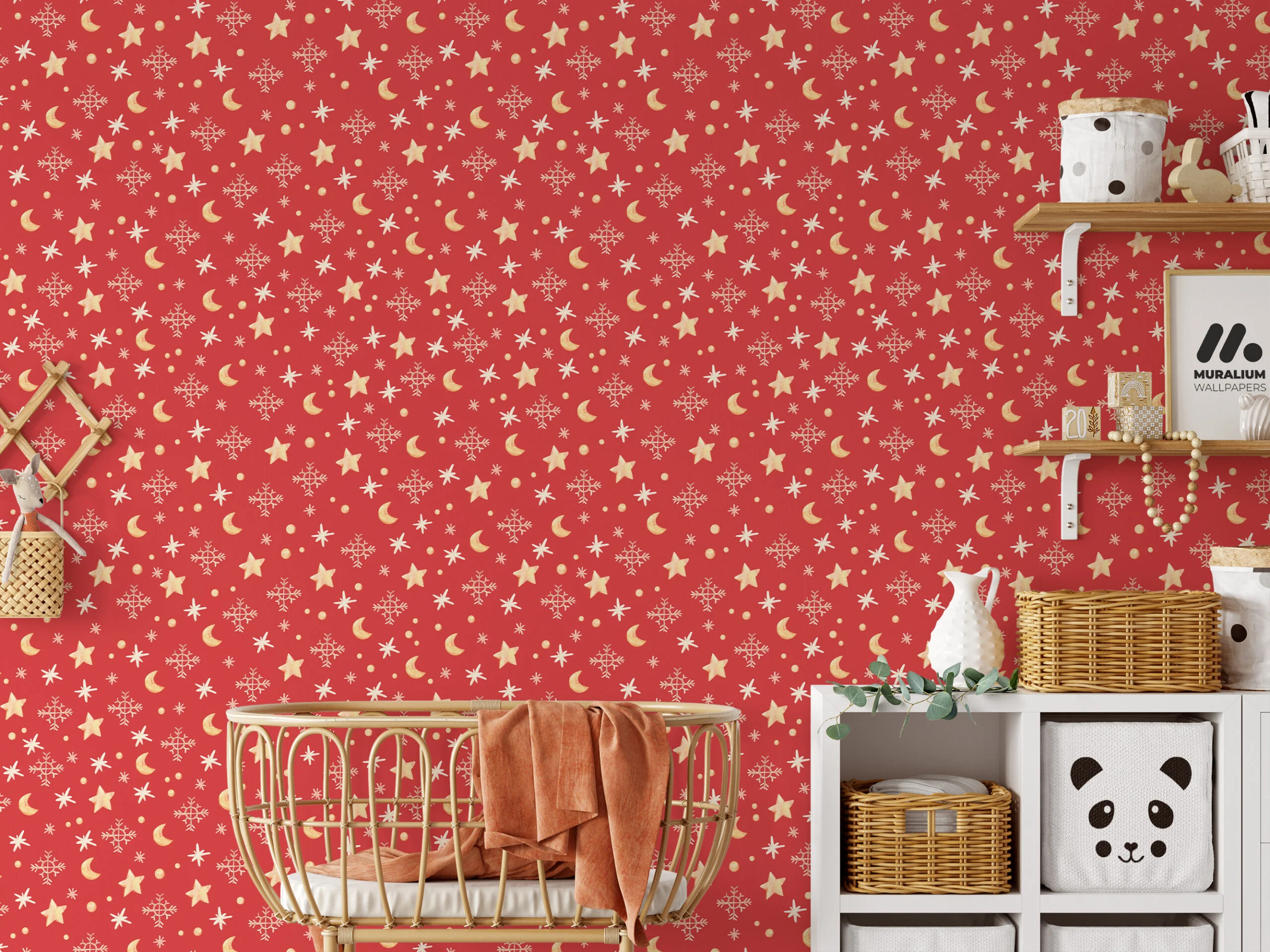 Cute Christmas Themed Stars And Moons Illustration Wallpaper, Festive Holiday Stars & Snowflakes Peel & Stick Wall Mural