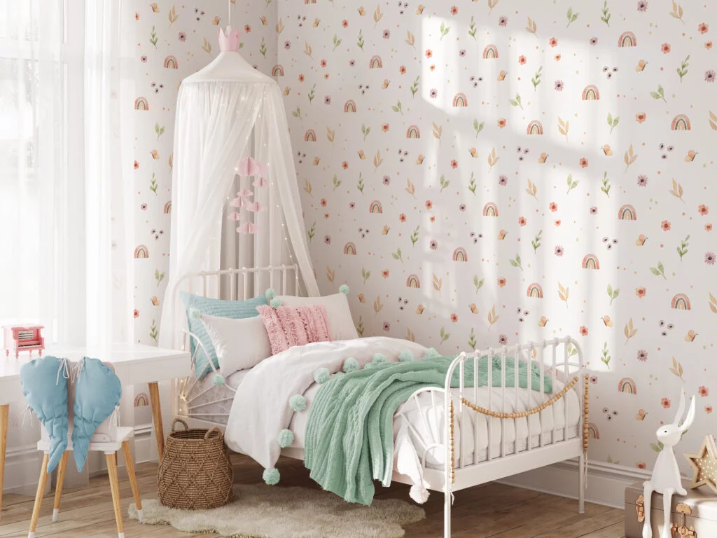 Watercolor Style Nursery Rainbows And Flowers Pattern Wallpaper, Soft Watercolor Florals Peel & Stick Wall Mural