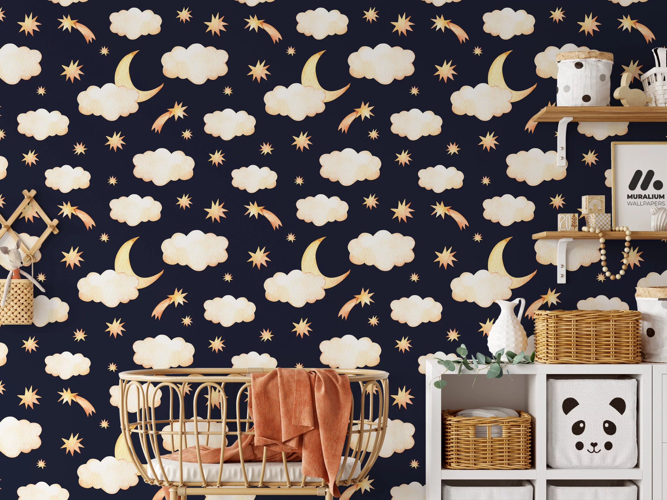 Watercolor Nursery Moon Night Clouds With Stars Illustration Wallpaper, Night Sky Dreams Peel & Stick Wall Mural