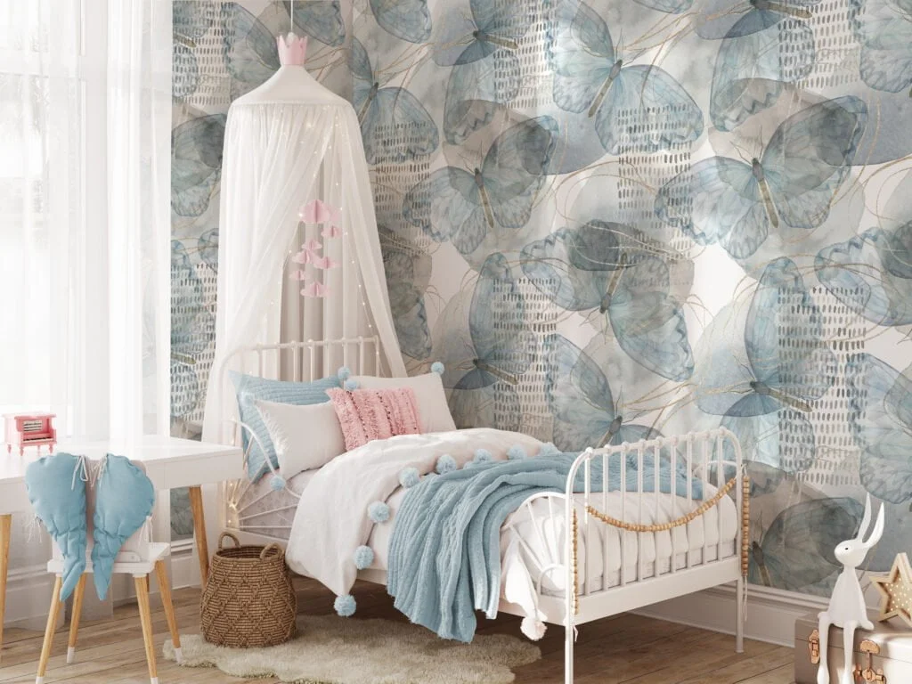 Light Blue Watercolor Butterflies Pattern Wallpaper, Vintage Tranquil Butterflies Peel & Stick Wall Mural