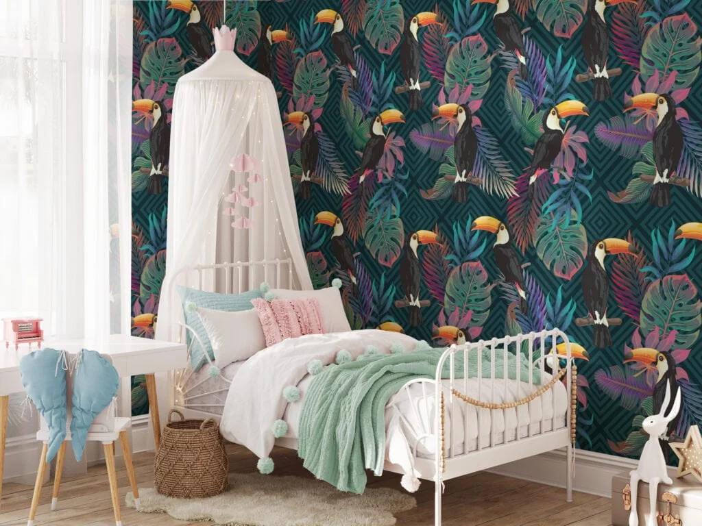 Tropical Illustration With Monstera Leaves And Toucans Wallpaper, Exotic Lush Tropical Peel & Stick Wall Mural