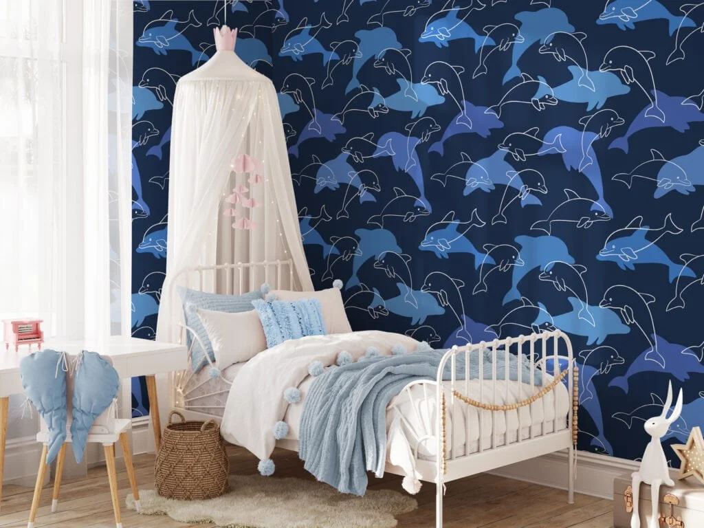 Blue Dolphins Pattern Illustration Wallpaper, Serene Blue Oceanic Kids' Room Peel & Stick Wall Mural