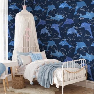 Blue Dolphins Pattern Illustration Wallpaper, Serene Blue Oceanic Kids' Room Peel & Stick Wall Mural