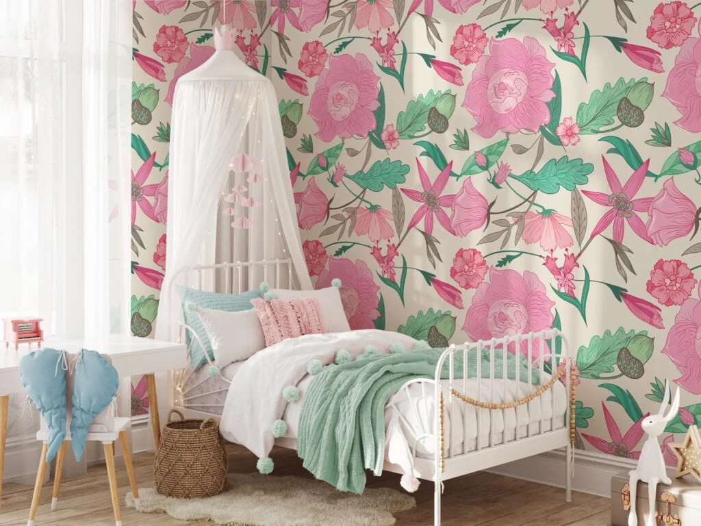 Pink Floral Paisley Style Wallpaper, Pink and Green Blossom Design Peel & Stick Wall Mural