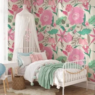 Pink Floral Paisley Style Wallpaper, Pink and Green Blossom Design Peel & Stick Wall Mural
