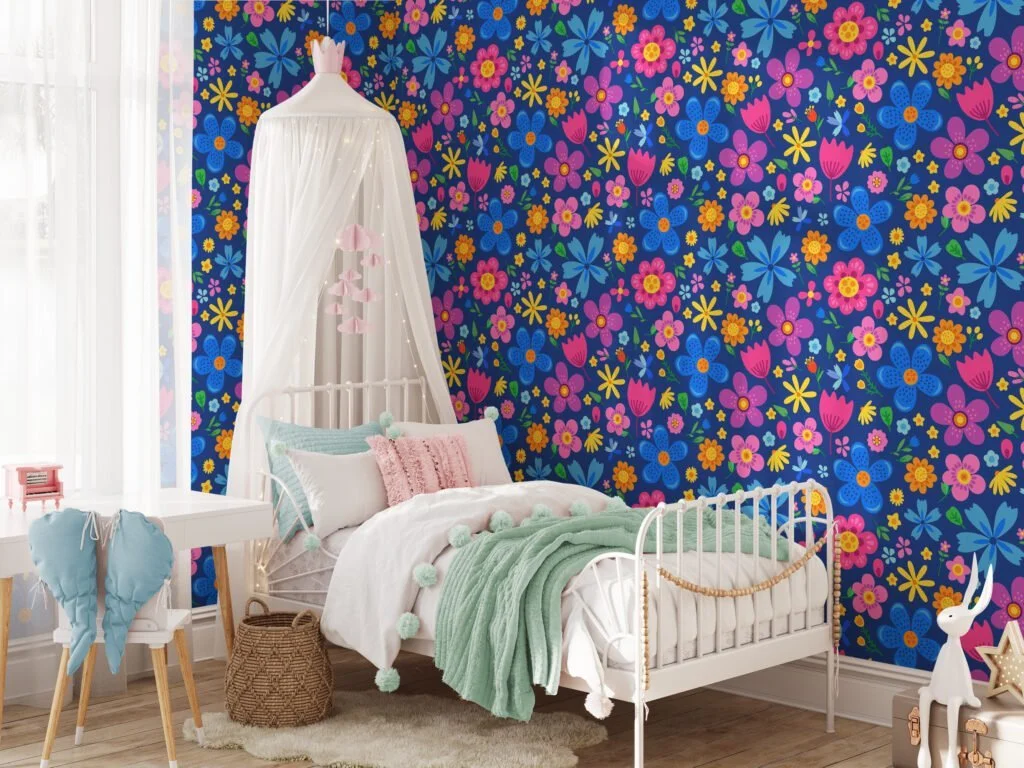 Bright Colored Folk Art Flower Illustration Wallpaper, Joyful Meadow Floral Peel & Stick Wall Mural