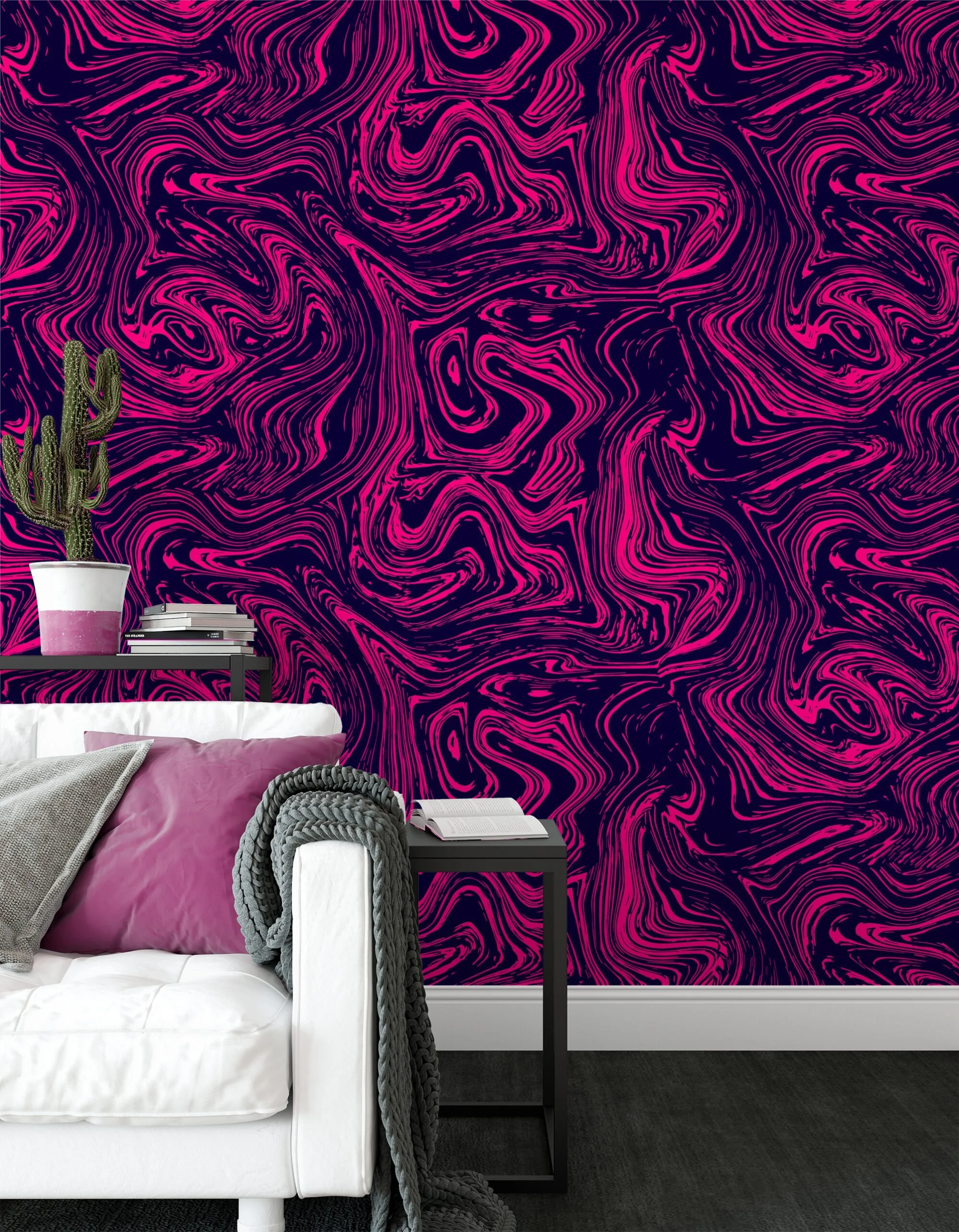 Hot Pink And Dark Purple Abstract Swirls Illustration Wallpaper, Luxurious Abstract Ink Design Peel & Stick Wall Mural