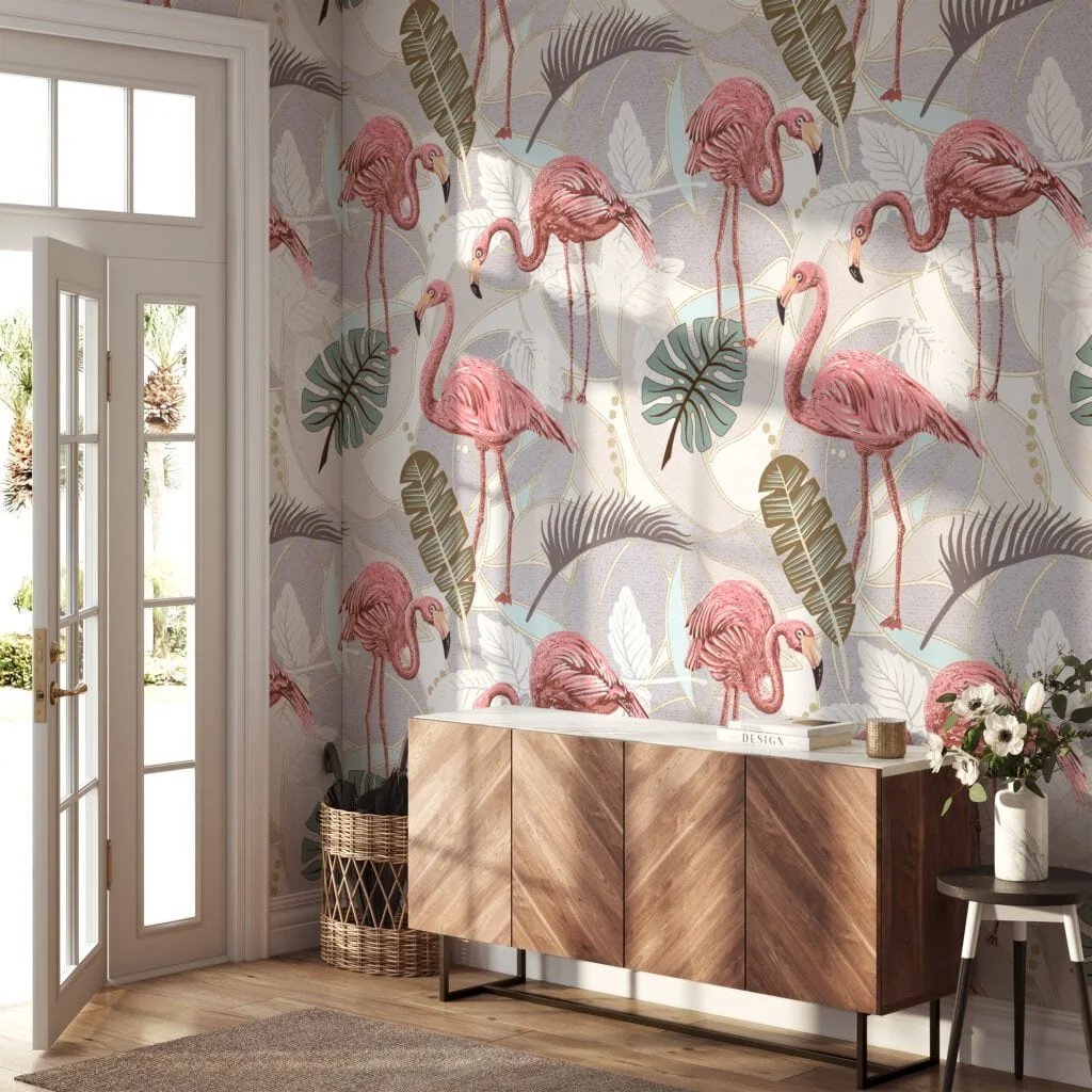 Leaves With Flamingos Illustration Wallpaper, Elegant Pink Flamingo & Palm Leaves Peel & Stick Wall Mural