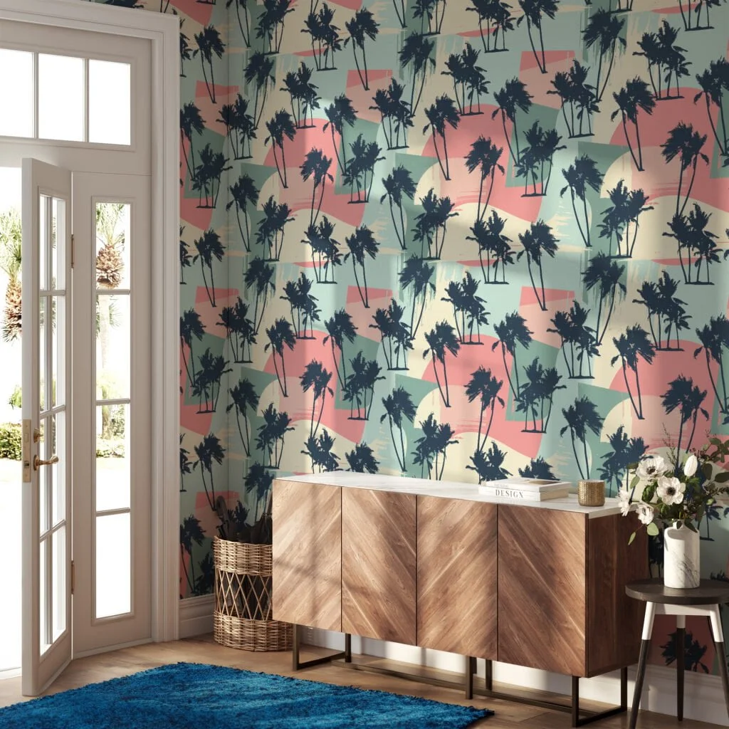 Abstract Retro Colored Tropical Illustration Wallpaper, Tropical Palm Silhouette Peel & Stick Wall Mural