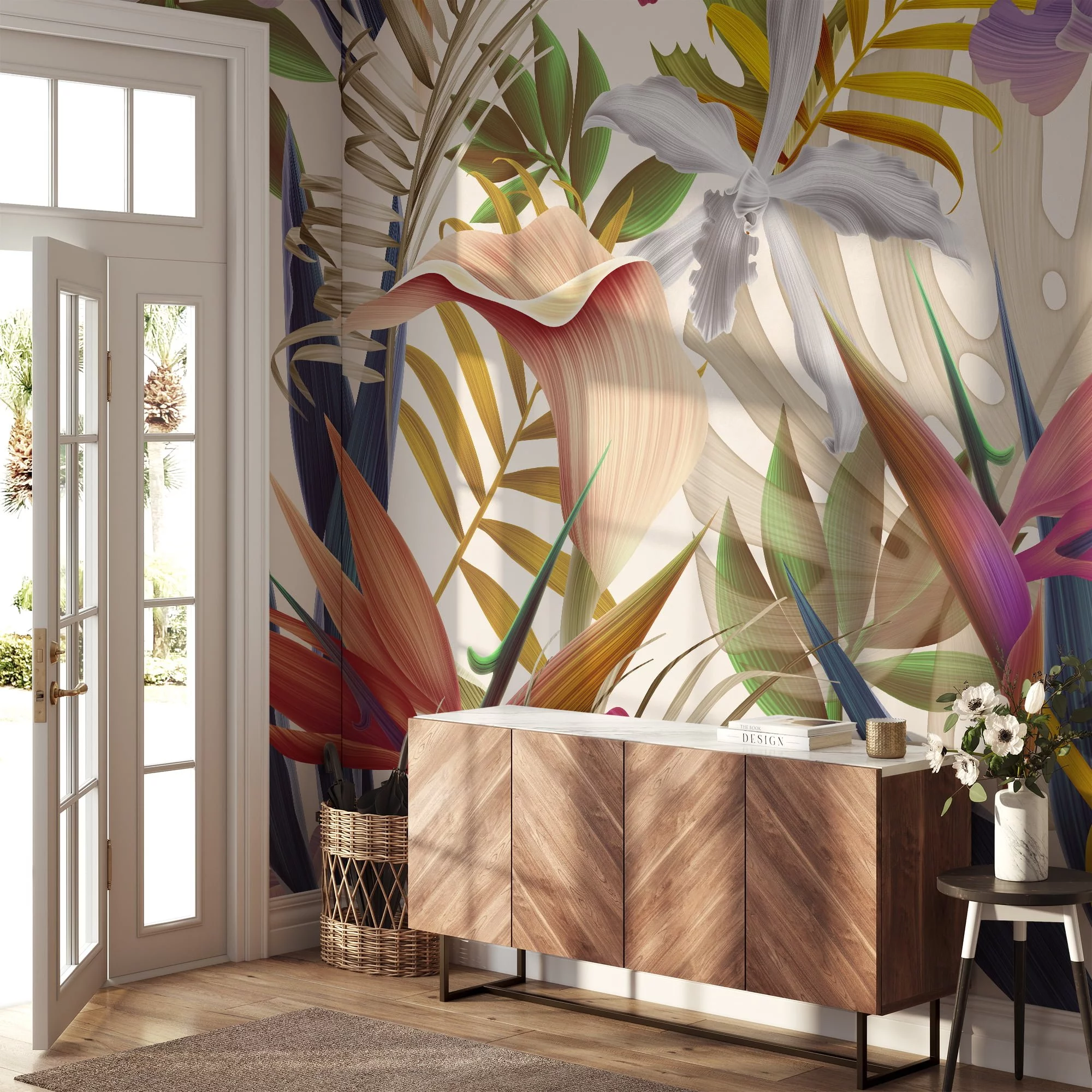 Colorful Tropical Flowers With Birds Of Paradise Wallpaper, Contemporary Nature Inspired Peel & Stick Wall Mural