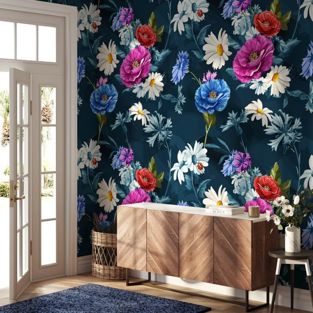 Blooming Flowers Illustration Wallpaper, Midnight Garden Bloom Peel & Stick Wall Mural