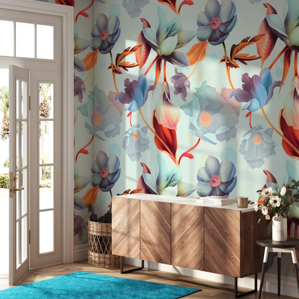Large Colorful Blooming Flowers Wallpaper, Vibrant Abstract Floral Peel & Stick Wall Mural