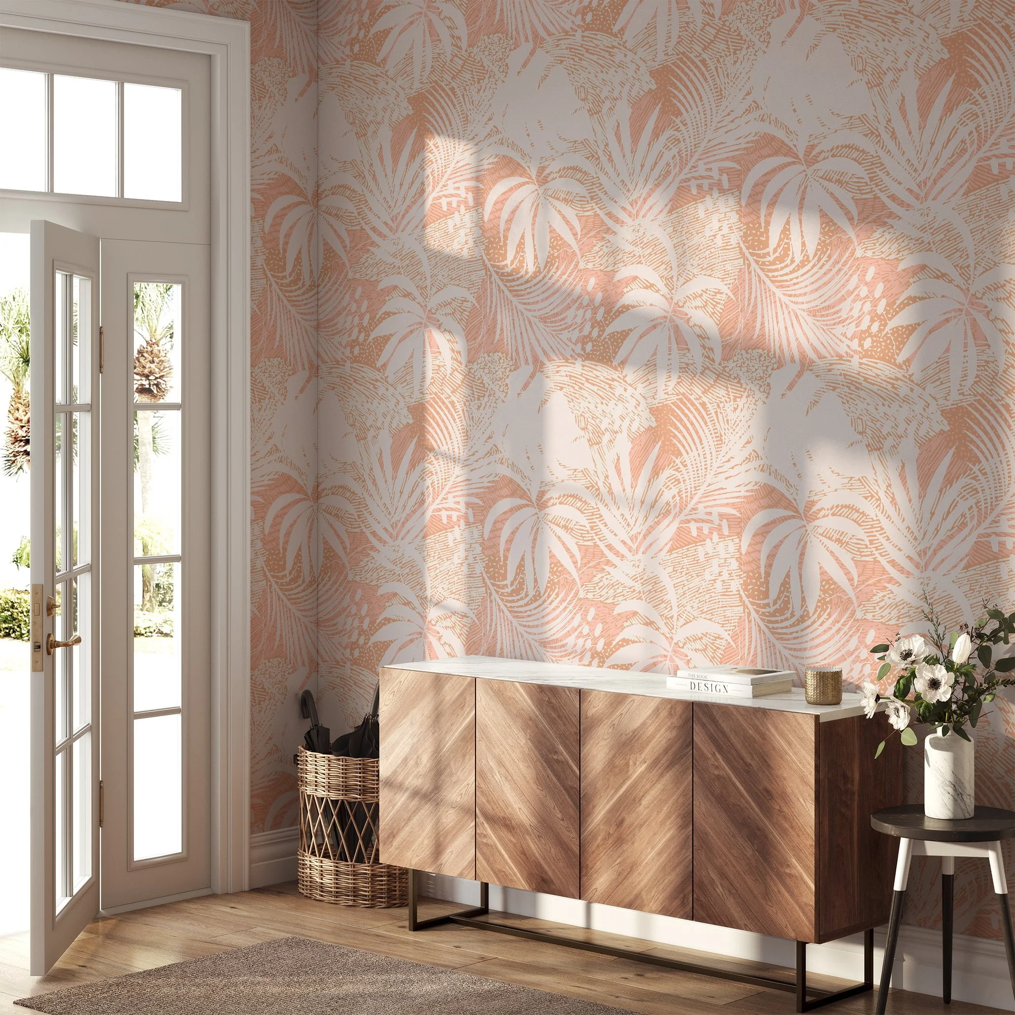 Peach Large Tropical Palm Leaf Silhouette Illustration Wallpaper, Modern Chic Peel & Stick Wall Mural