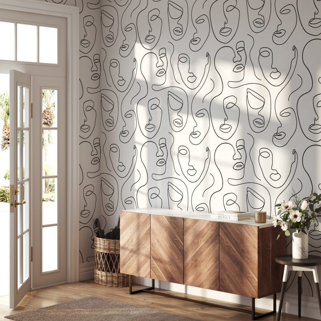 Abstract Human Faces Line Art Pattern Illustration Wallpaper, Minimalist Abstract Faces Peel & Stick Wall Mural