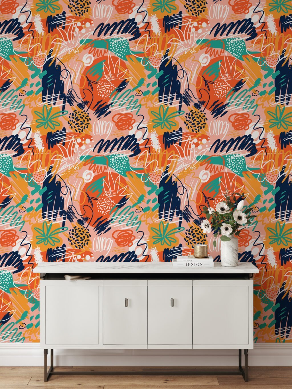 Abstract Colorful Doodles Illustration Wallpaper, Vibrant Tropical Peel & Stick Wall Mural