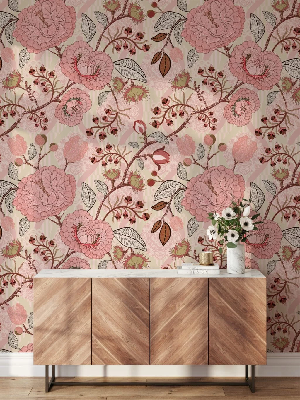 Pink Paisley Damask Style Illustration Wallpaper, Vintage Blush Rose Garden Peel & Stick Wall Mural