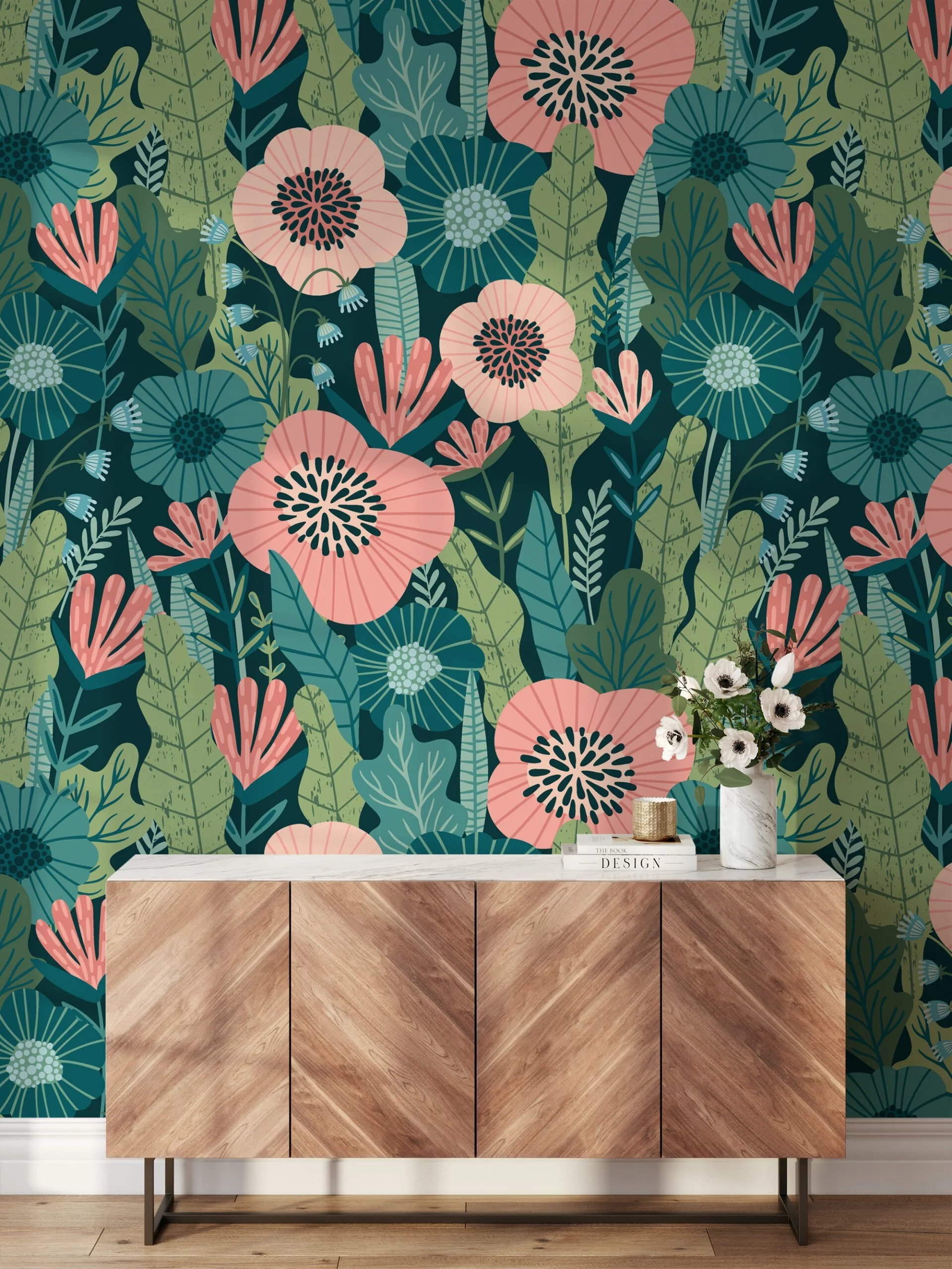 Flat Art Green Leaves With Peach Flowers Wallpaper, Tropical Bloom Greenery Peel & Stick Wall Mural
