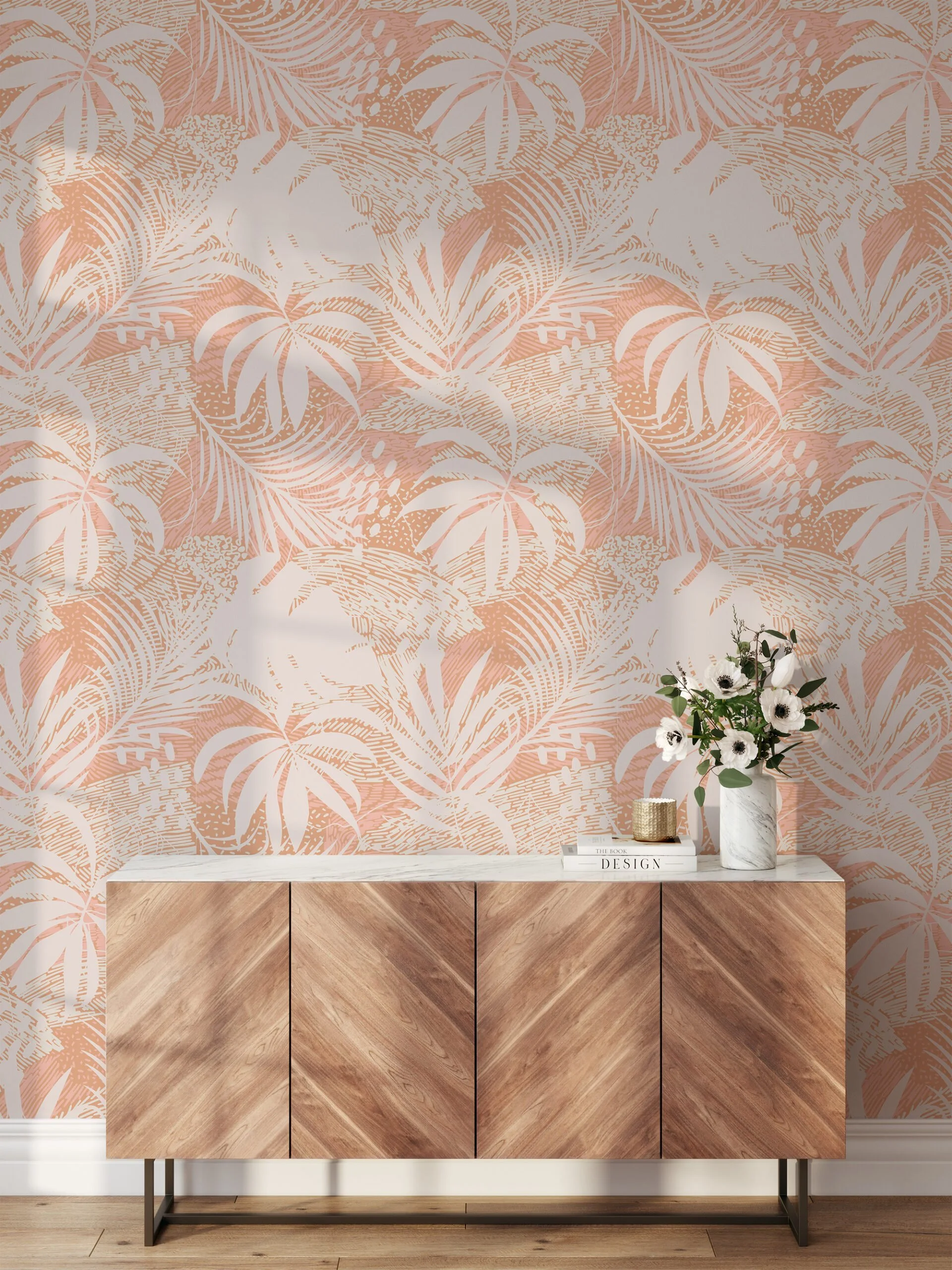 Peach Large Tropical Palm Leaf Silhouette Illustration Wallpaper, Modern Chic Peel & Stick Wall Mural