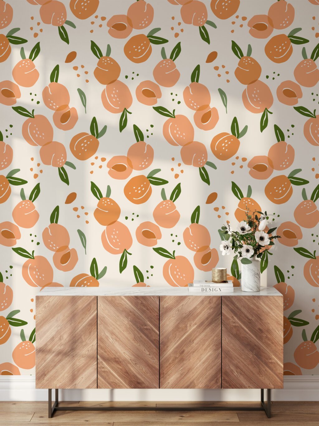 Flat Art Peaches Pattern Illustration Wallpaper, Sweet Apricot Orchard Peel & Stick Wall Mural