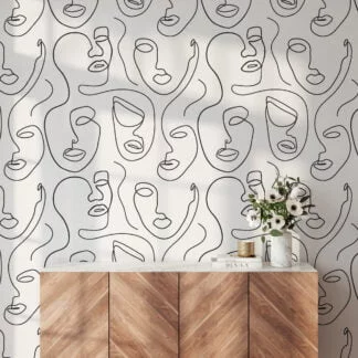 Abstract Human Faces Line Art Pattern Illustration Wallpaper, Minimalist Abstract Faces Peel & Stick Wall Mural