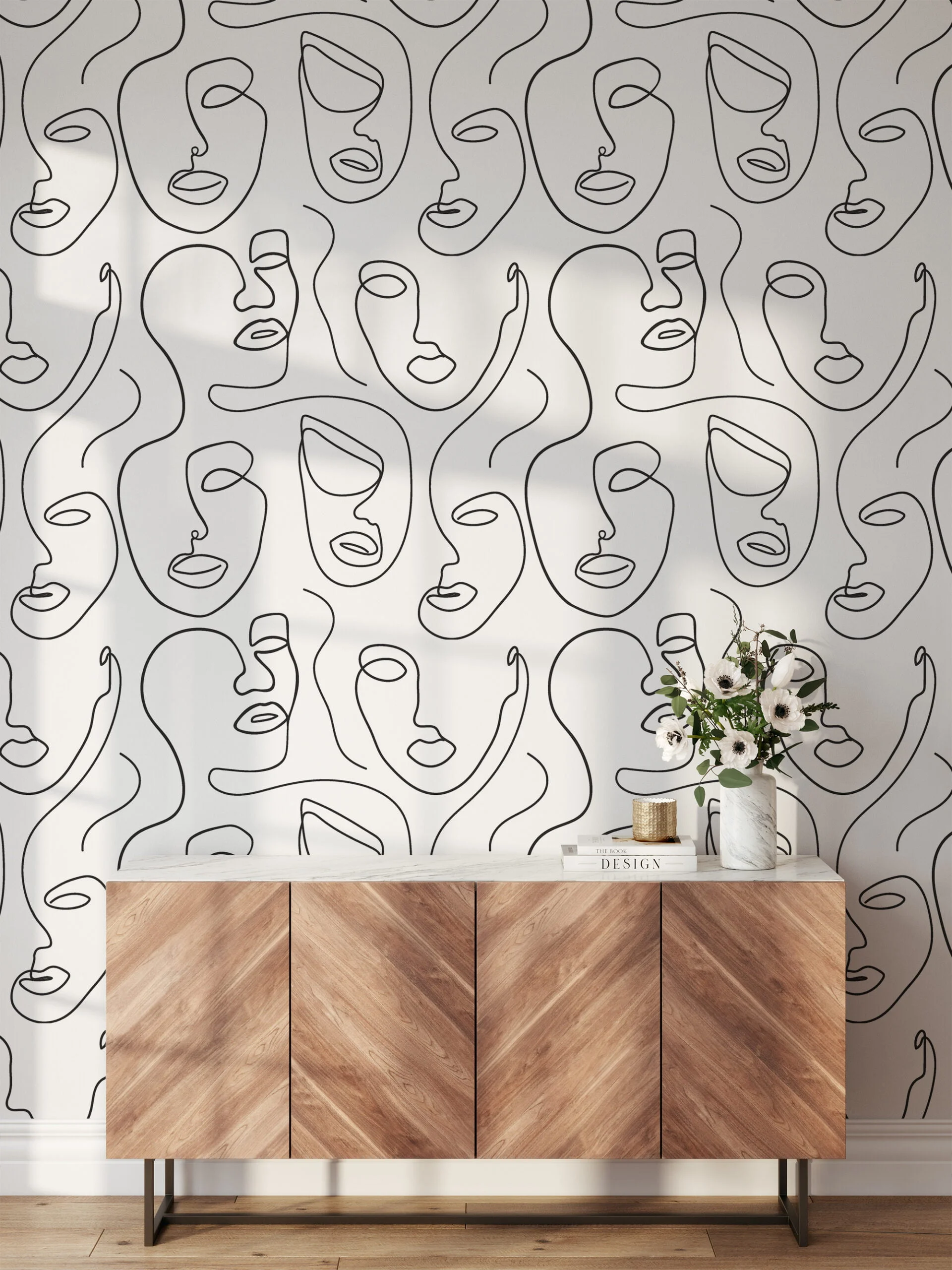 Abstract Human Faces Line Art Pattern Illustration Wallpaper, Minimalist Abstract Faces Peel & Stick Wall Mural