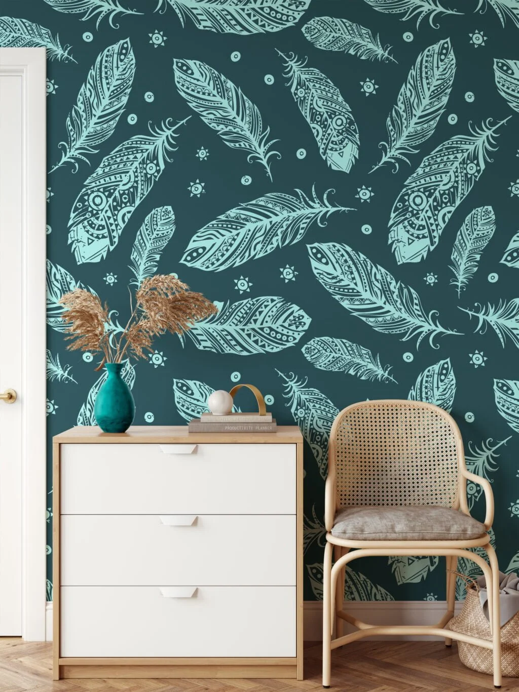 Dark Teal Feathers Pattern Wallpaper, Bohemian Navy Feather Line Art Peel & Stick Wall Mural