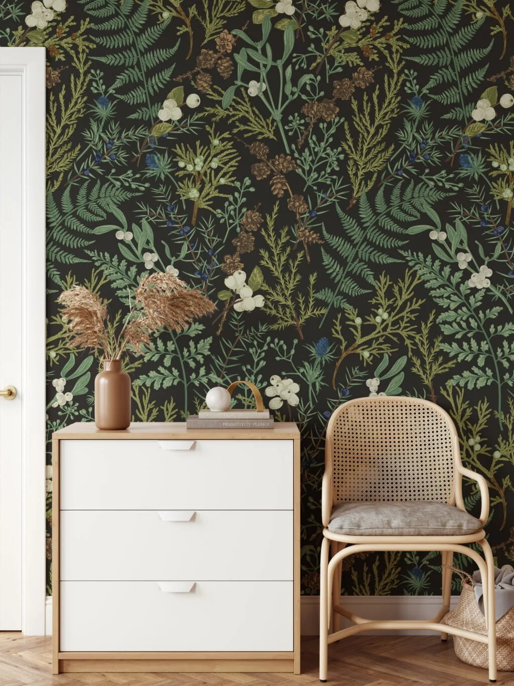 Vintage Style Plants And Leaves With Berries Wallpaper, Dark Botanical Peel & Stick Wall Mural