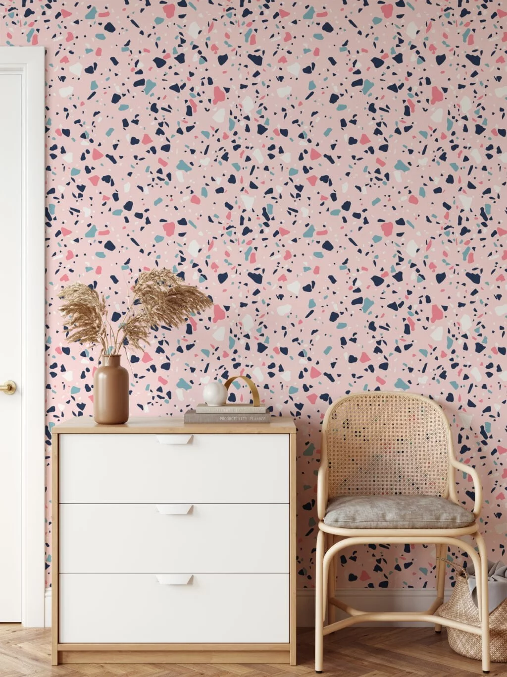 Colorful Terrazzo Illustrations Wallpaper, Pink Abstract Speckled Design Peel & Stick Wall Mural