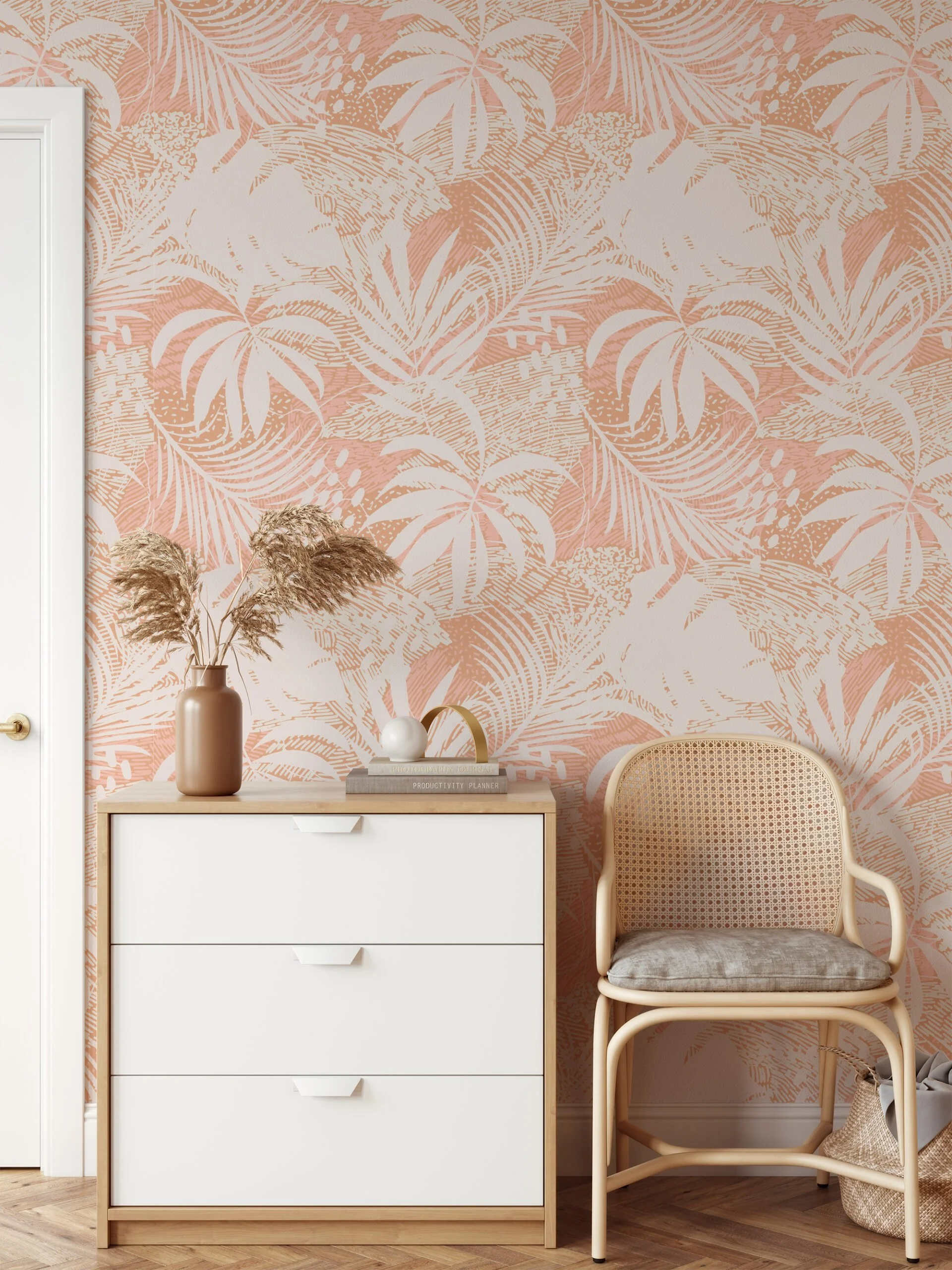 Peach Large Tropical Palm Leaf Silhouette Illustration Wallpaper, Modern Chic Peel & Stick Wall Mural