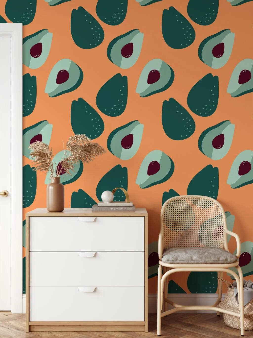 Flat Art Simple Avocado Fruits Pattern Wallpaper, Contemporary Kitchen Chic Peel & Stick Wall Mural