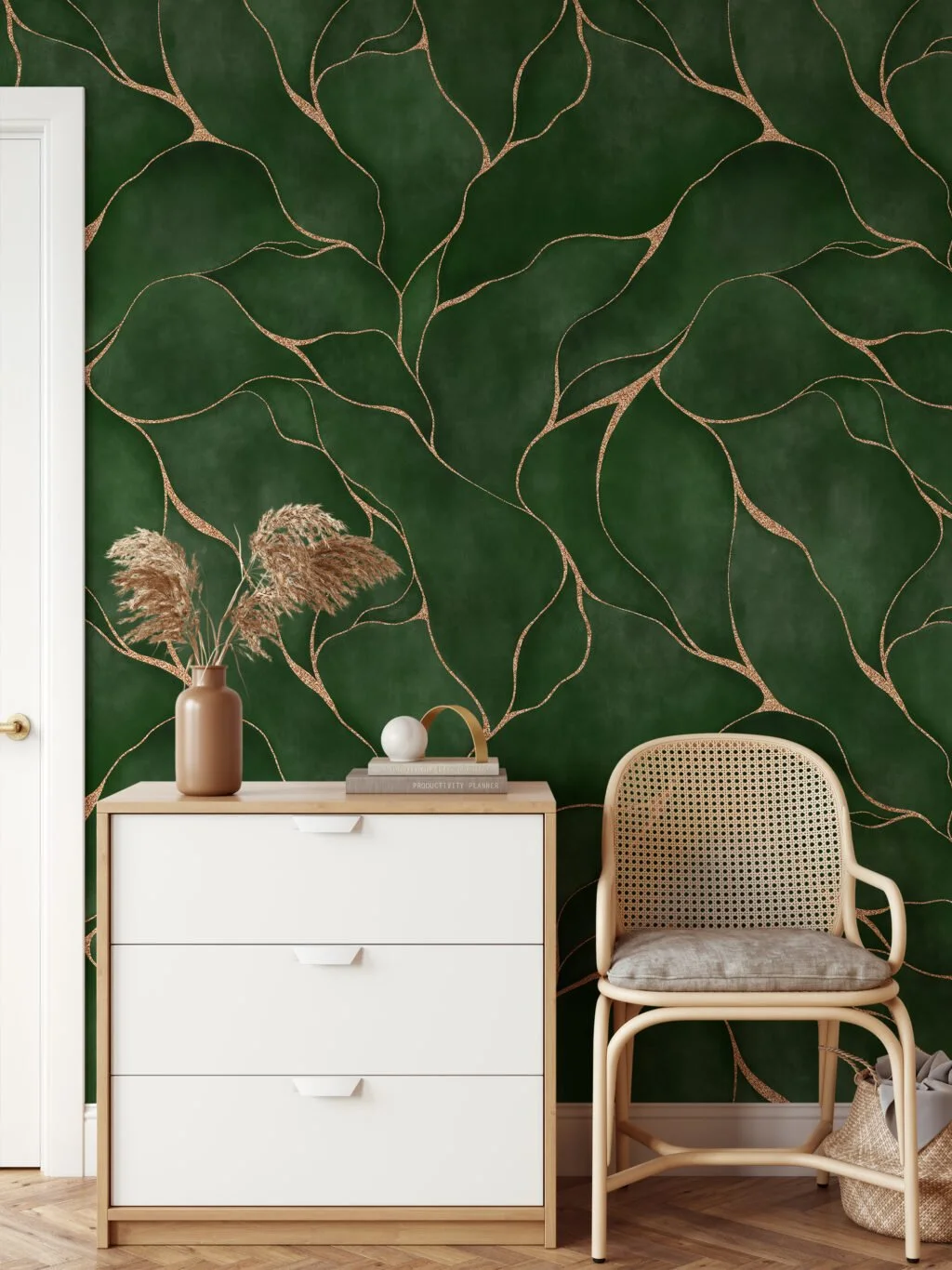 Abstract Green Leaves With Gold Lines Wallpaper, Luxury Emerald Peel & Stick Wall Mural