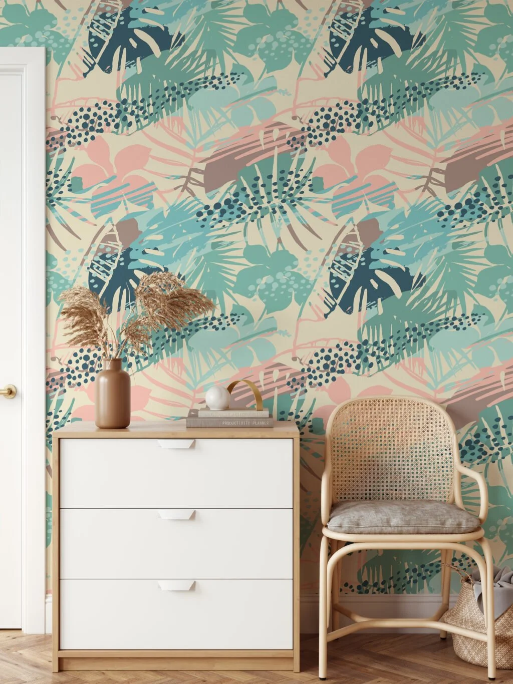 Summer Vibes Retro Colored Tropical Illustration Wallpaper, Soft Pastel Peel & Stick Wall Mural